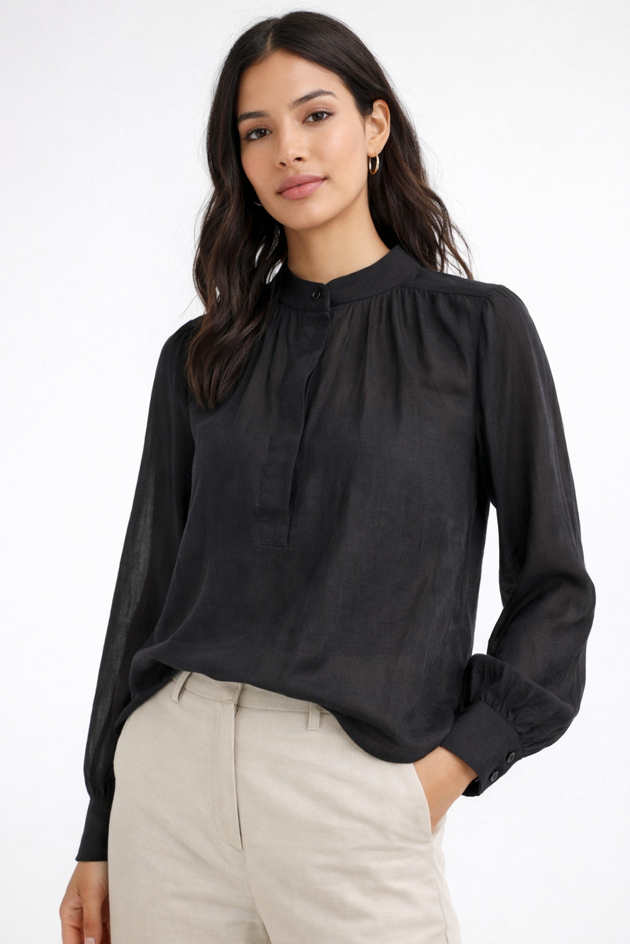 H&M Black Sheer Blouse XS Long Sleeve Mandarin Collar Button Front Top